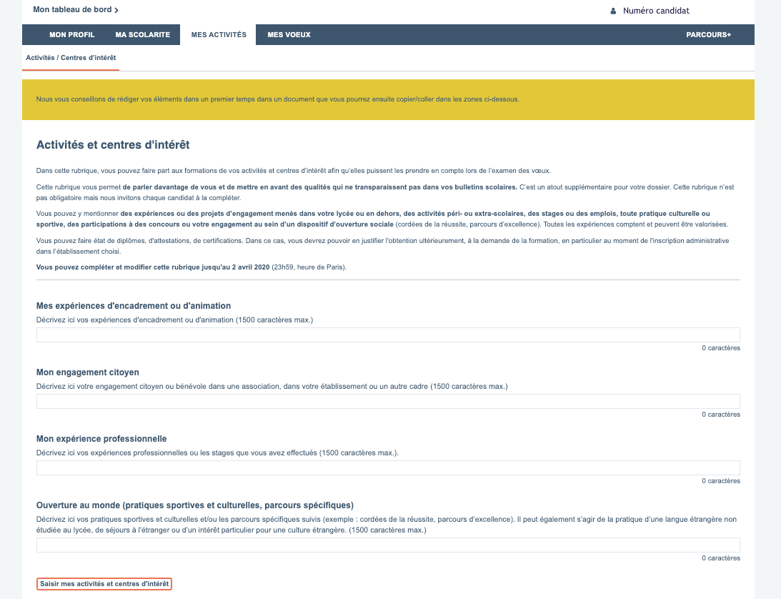 activités et centres d'intéret Parcoursup