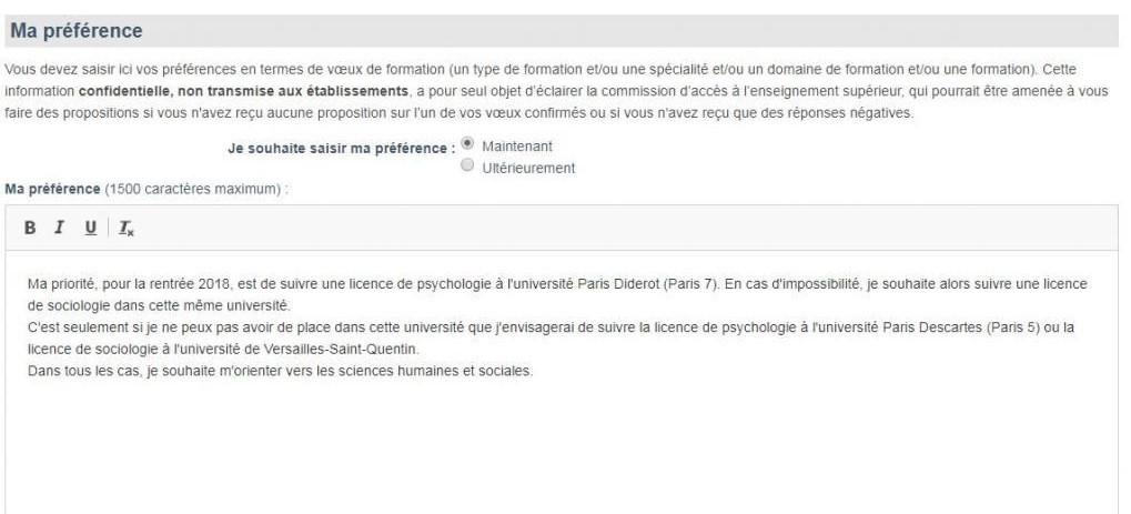 Exemple Ma préférence Parcoursup