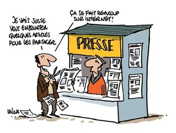 Caricature d'un marchand de journaux et d'un client qui veut juste quelques articles pour les partager sur internet