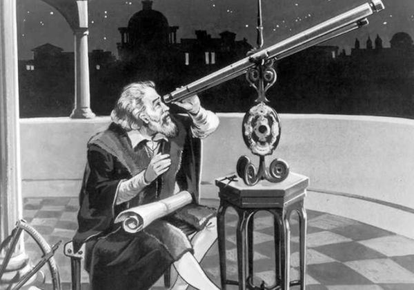 Galilée qui regarde dans un télescope