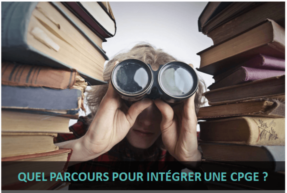 Une mamie avec des jumelles entre deux piles de livres pour montrer la recherche du bon parcours pour intégrer une CPGE