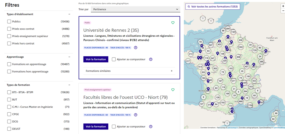 Carte géographique des formations 