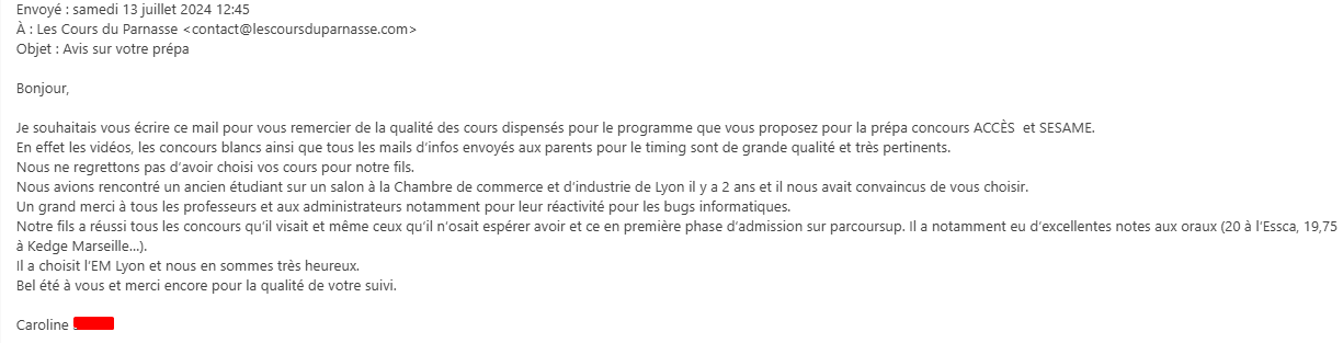 Maman d'élève de notre préparation ACCES & SESAME 2024