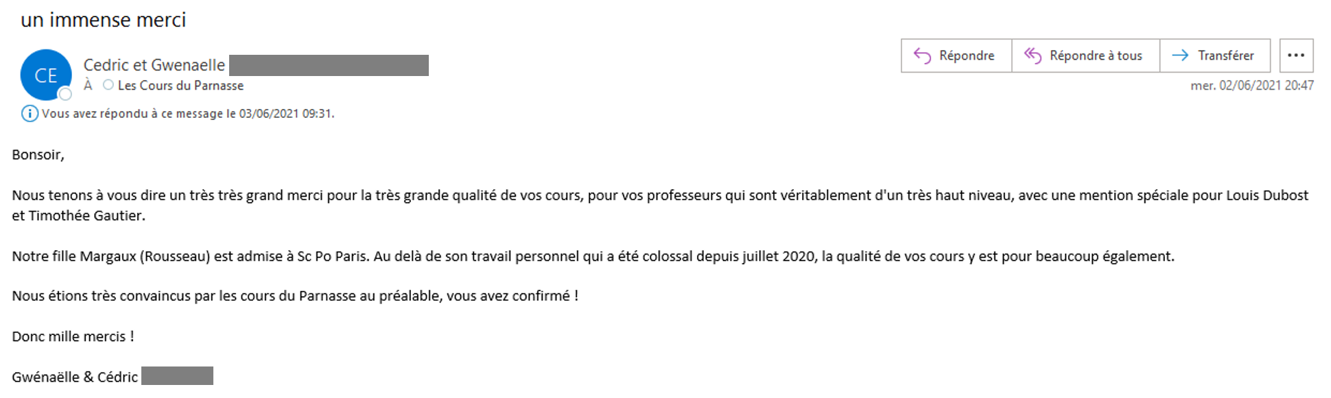 Parents d'un élève de la prépa Sciences Po Terminale 2021